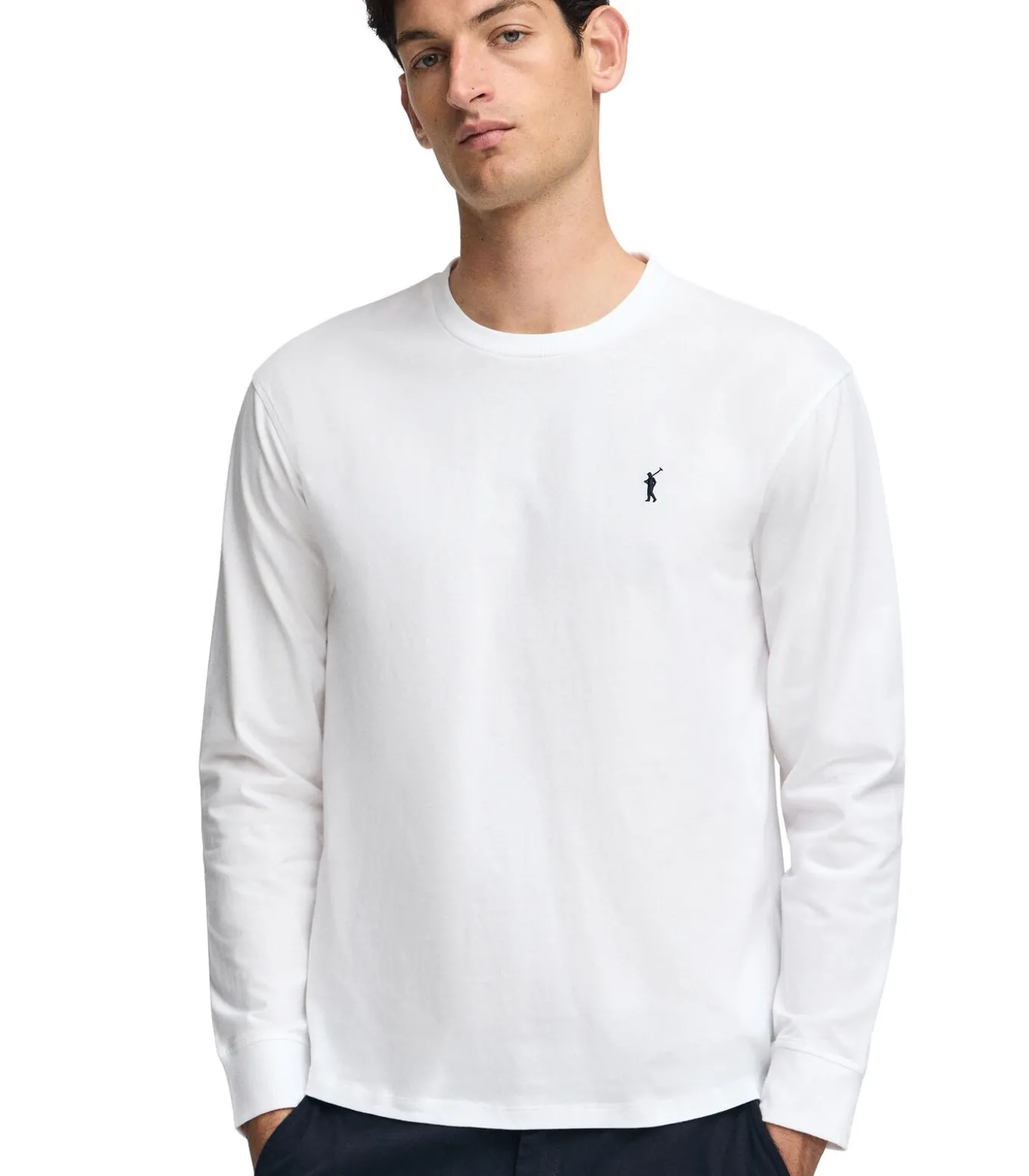 Wit T-shirt met lange mouwen en geborduurd Rigby Go-logo.