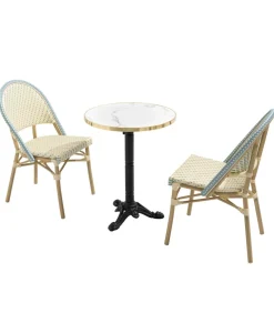 Witte marmeren liggende terrastafel van 60 cm en 2 blauwe stoelen