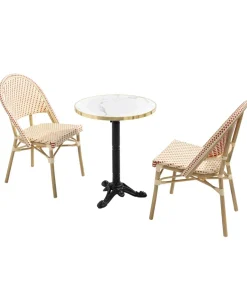 Witte marmeren terrastafel van 60 cm en 2 rode stoelen