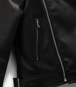 Zwarte Biker Jas van Kunstleer voor Meisjes met Kraag en Lange Mouwen