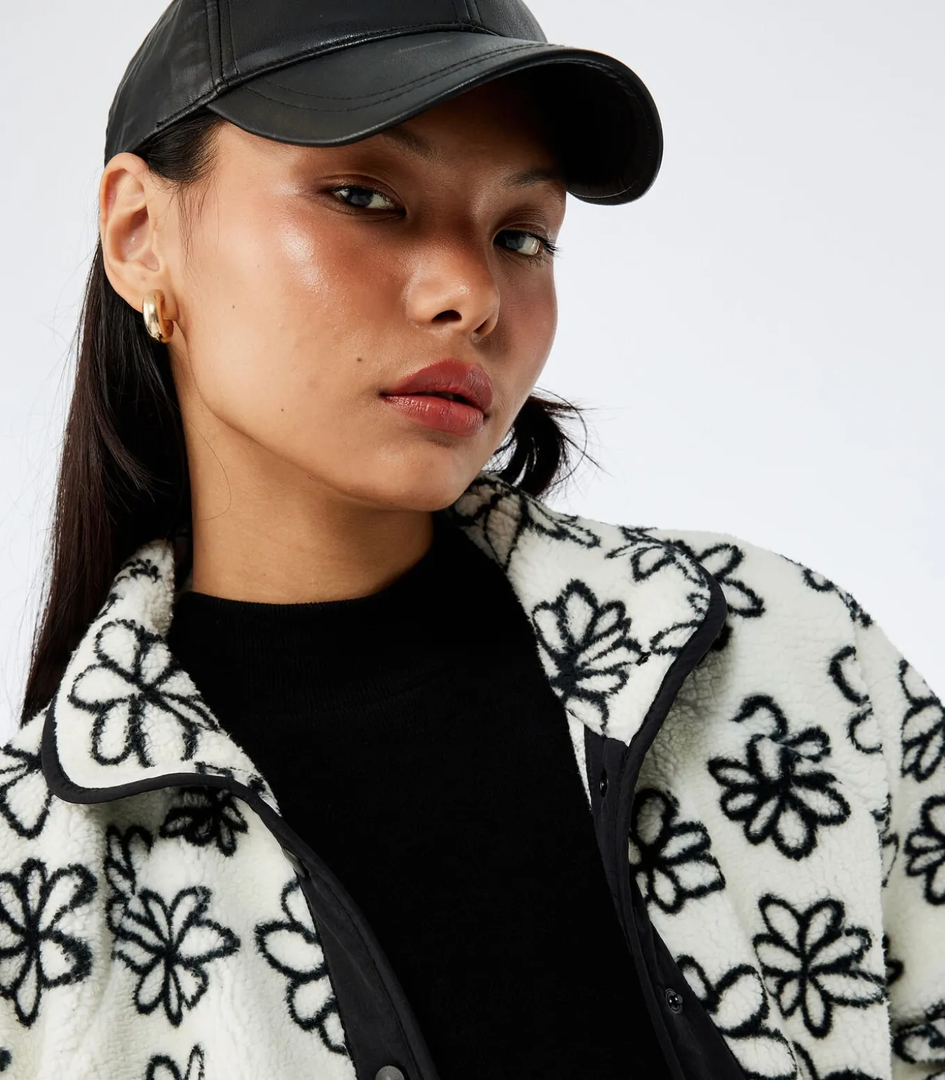 Zwarte Bloemendessin Fleece Jas met Rits