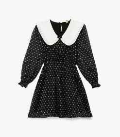 Zwarte Kinderen A-lijn Jurk Met Lange Mouwen en Polkadots