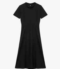 Zwarte Midi-jurk Slanke Pasvorm Korte Mouwen